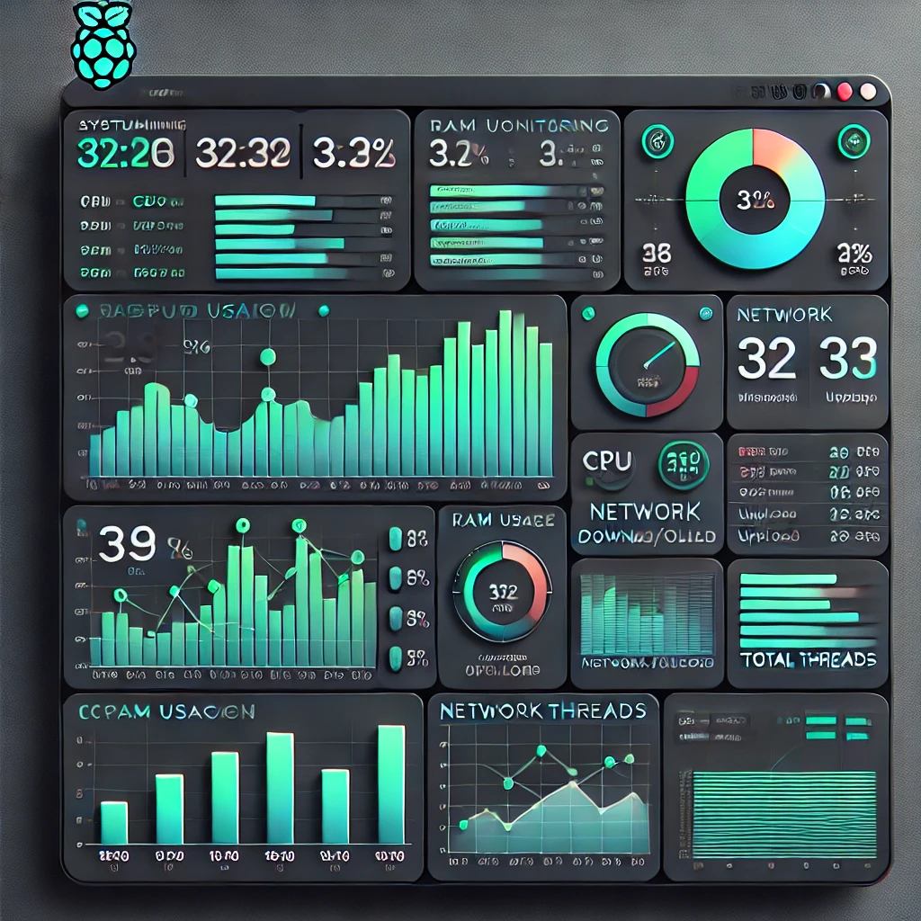 Dashboard di monitoraggio Raspberry Pi con Grafana e InfluxDB che mostra CPU, RAM, rete e threads.